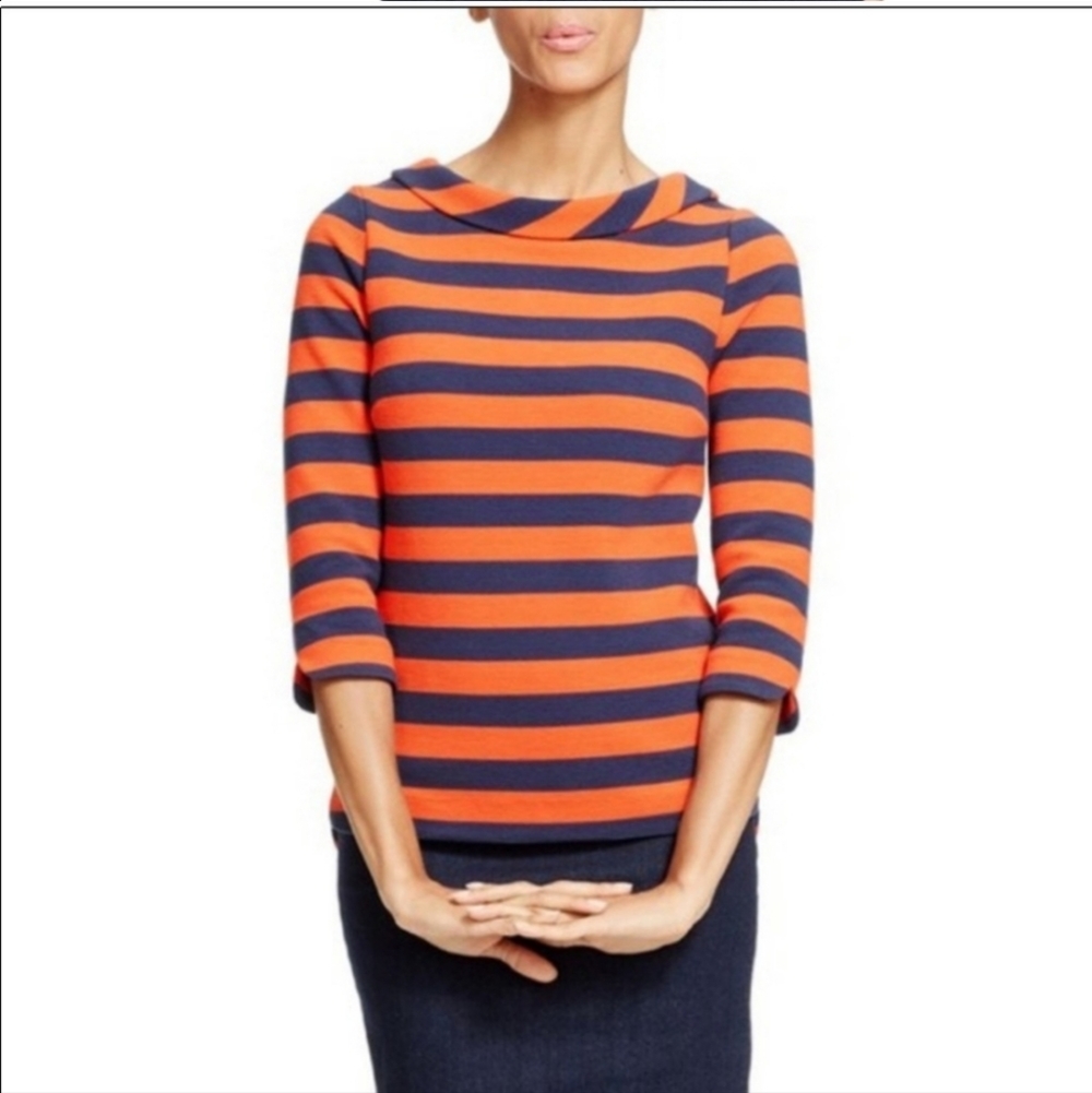 Boden Womens Marion Striped Top Navy Orange 3/4 Sleeve Boatneck Blouse Size 2